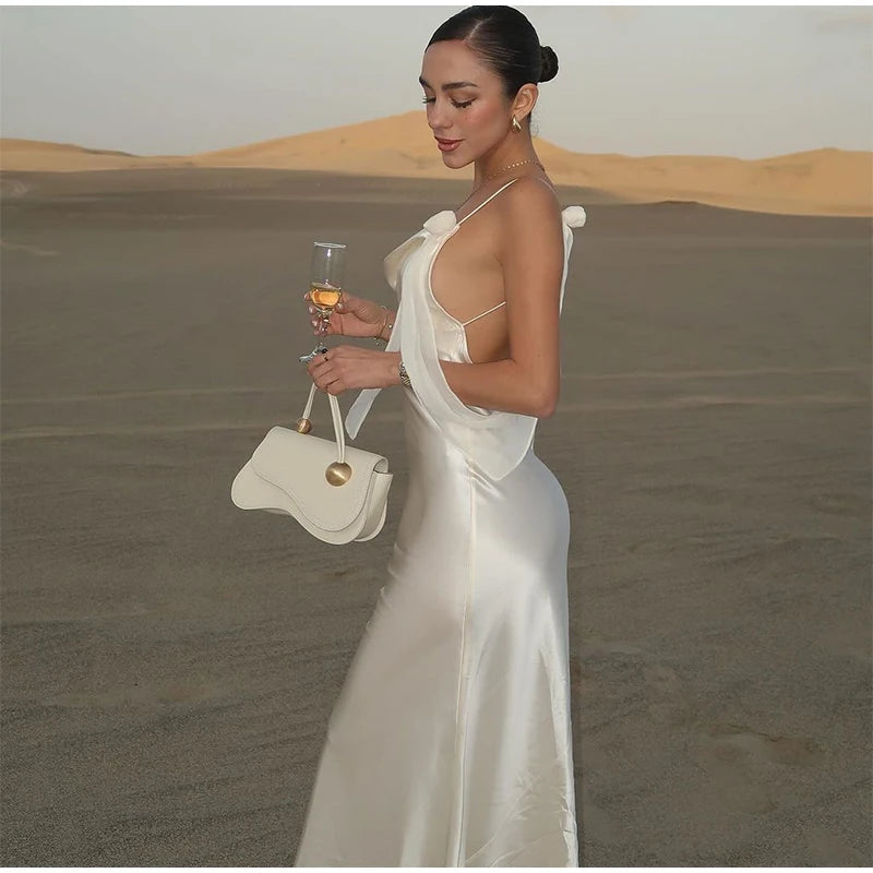 2024 Elegant Cut Out White Long Dress For Women Fashion Patchwork Pleated Backless Sling Dresses Lady New Holiday Beach Robes