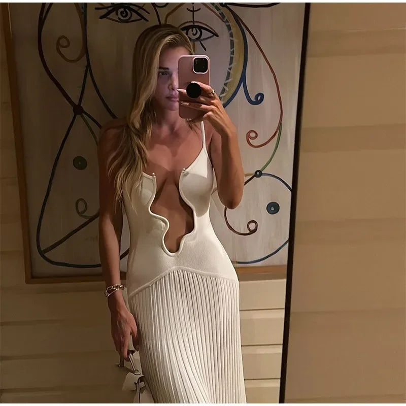 2024 Elegant Cut Out White Long Dress For Women Fashion Patchwork Pleated Backless Sling Dresses Lady New Holiday Beach Robes