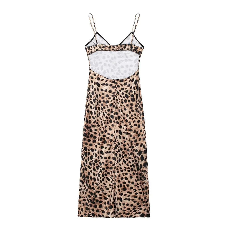 Fashion Animal Leopard Backless Beach Dress For Women Elegant Sleeveless Sexy Slip Party Long Dress Female Holiday Chic Vestidos