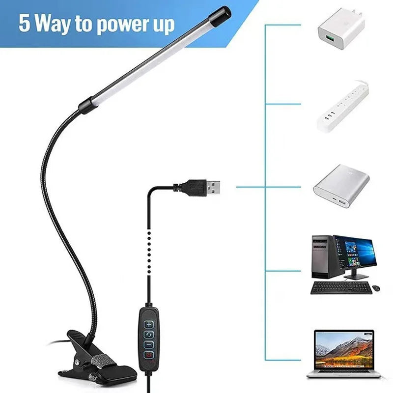 LED Clip-on Desk Lamp Eye Protection 360° Steering 3 Light Colours 10 Brightnesses Infinitely Dimmable 2M Cable Length 5W USB Po