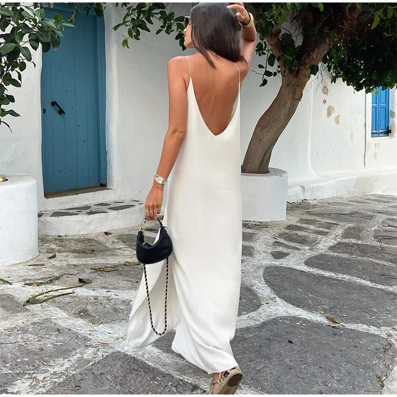 2024 Elegant Cut Out White Long Dress For Women Fashion Patchwork Pleated Backless Sling Dresses Lady New Holiday Beach Robes