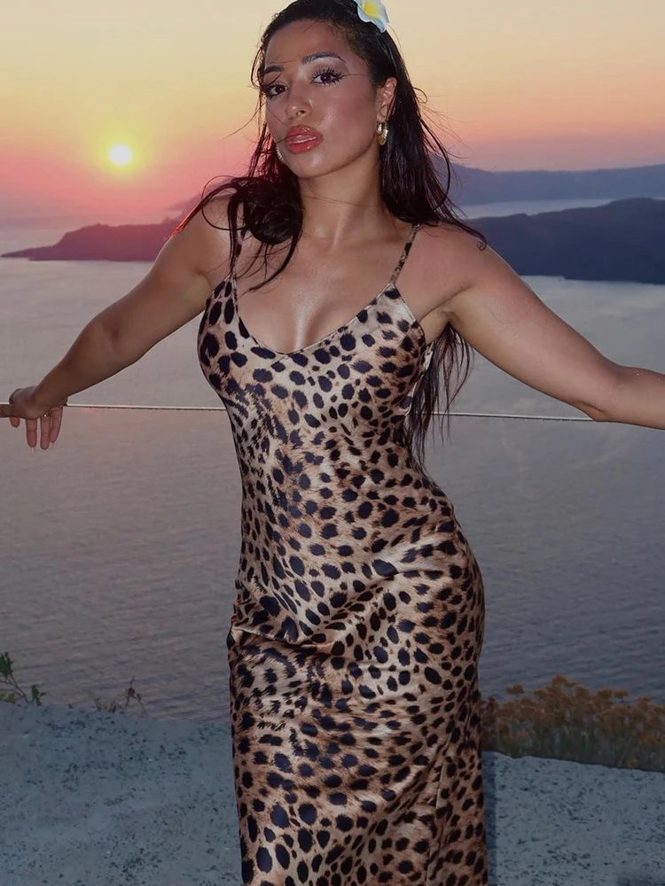 Fashion Animal Leopard Backless Beach Dress For Women Elegant Sleeveless Sexy Slip Party Long Dress Female Holiday Chic Vestidos