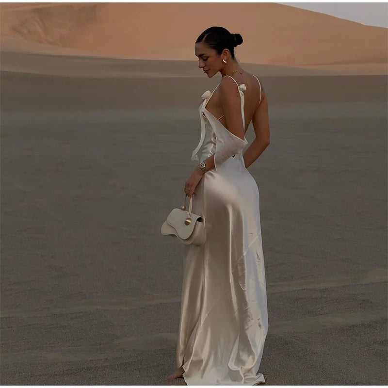 2024 Elegant Cut Out White Long Dress For Women Fashion Patchwork Pleated Backless Sling Dresses Lady New Holiday Beach Robes