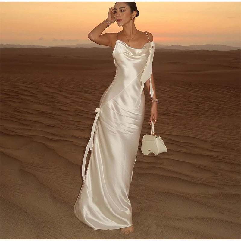 2024 Elegant Cut Out White Long Dress For Women Fashion Patchwork Pleated Backless Sling Dresses Lady New Holiday Beach Robes