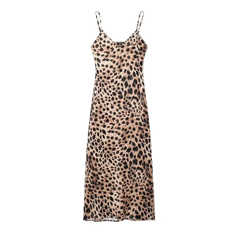 Fashion Animal Leopard Backless Beach Dress For Women Elegant Sleeveless Sexy Slip Party Long Dress Female Holiday Chic Vestidos