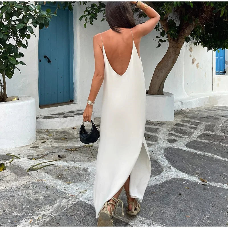 2024 Elegant Cut Out White Long Dress For Women Fashion Patchwork Pleated Backless Sling Dresses Lady New Holiday Beach Robes