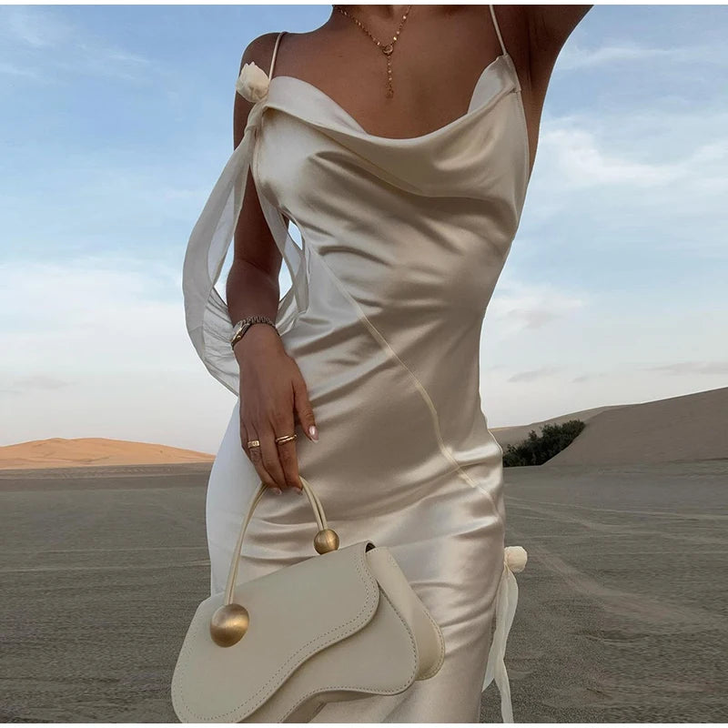 2024 Elegant Cut Out White Long Dress For Women Fashion Patchwork Pleated Backless Sling Dresses Lady New Holiday Beach Robes