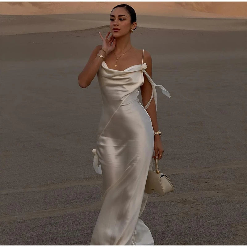 2024 Elegant Cut Out White Long Dress For Women Fashion Patchwork Pleated Backless Sling Dresses Lady New Holiday Beach Robes