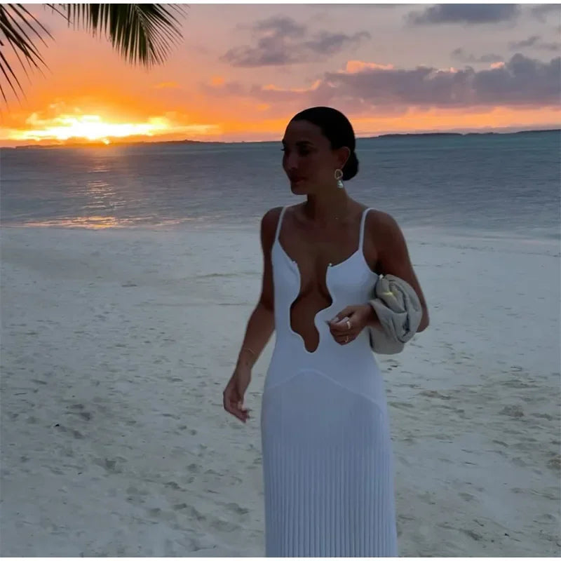 2024 Elegant Cut Out White Long Dress For Women Fashion Patchwork Pleated Backless Sling Dresses Lady New Holiday Beach Robes