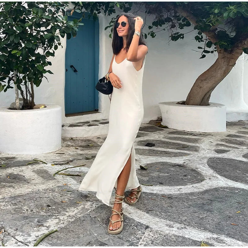 2024 Elegant Cut Out White Long Dress For Women Fashion Patchwork Pleated Backless Sling Dresses Lady New Holiday Beach Robes