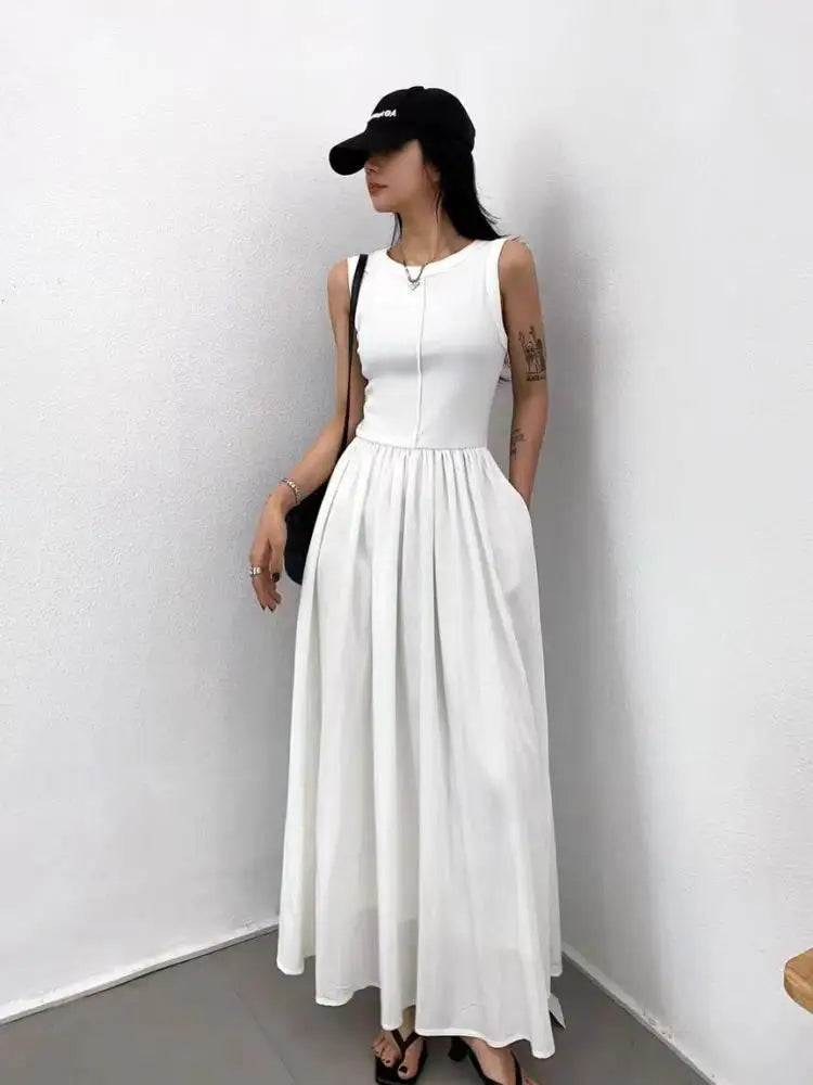 Summer Women White Casual High Waist Pleated Long Dress Lady Black Green Round Neck Sleeveless Sexy Slim Vest Dress Vestidos New