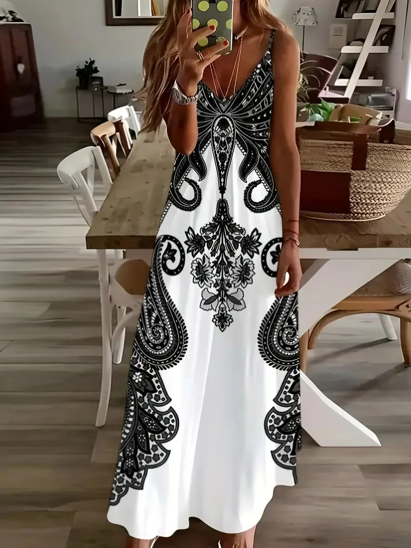 S-3XL Bohemian Style Beach Seaside Vacation Casual Dress Street Fashion Sleeveless Suspender Loose Large Size Long Dress