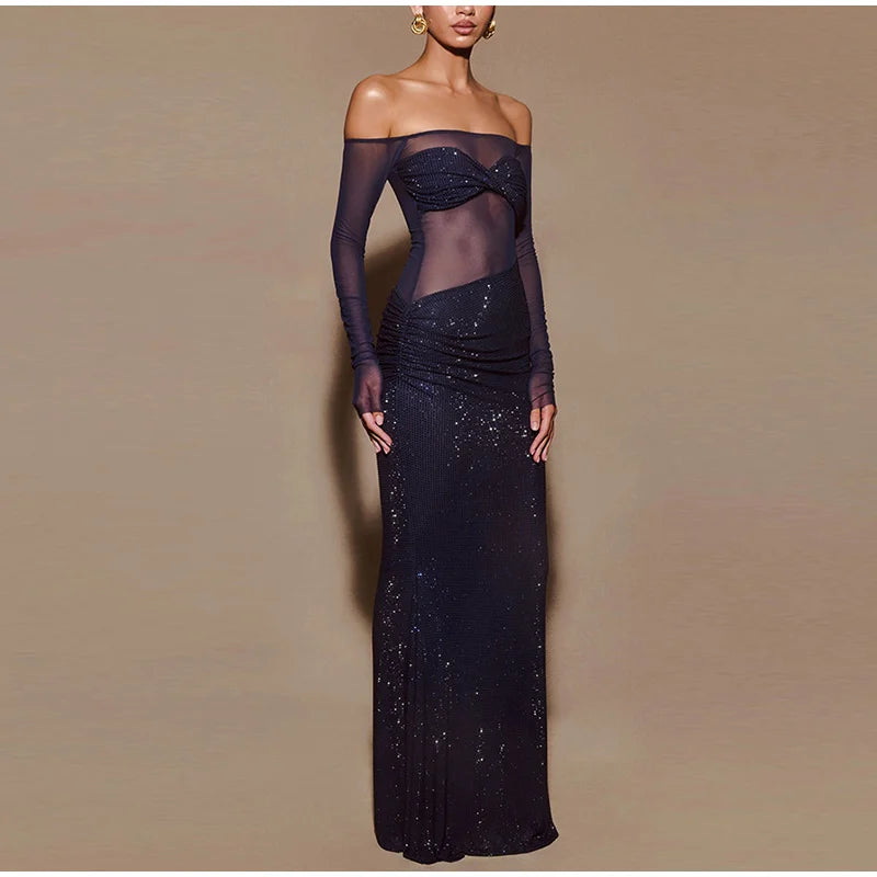 Sexy Sheer Mesh Off Shoulder Long Dress Women Spring Shiny Slash Neck Banquet Evening Slim Dresses 2025 Chic Lady New Year Robes