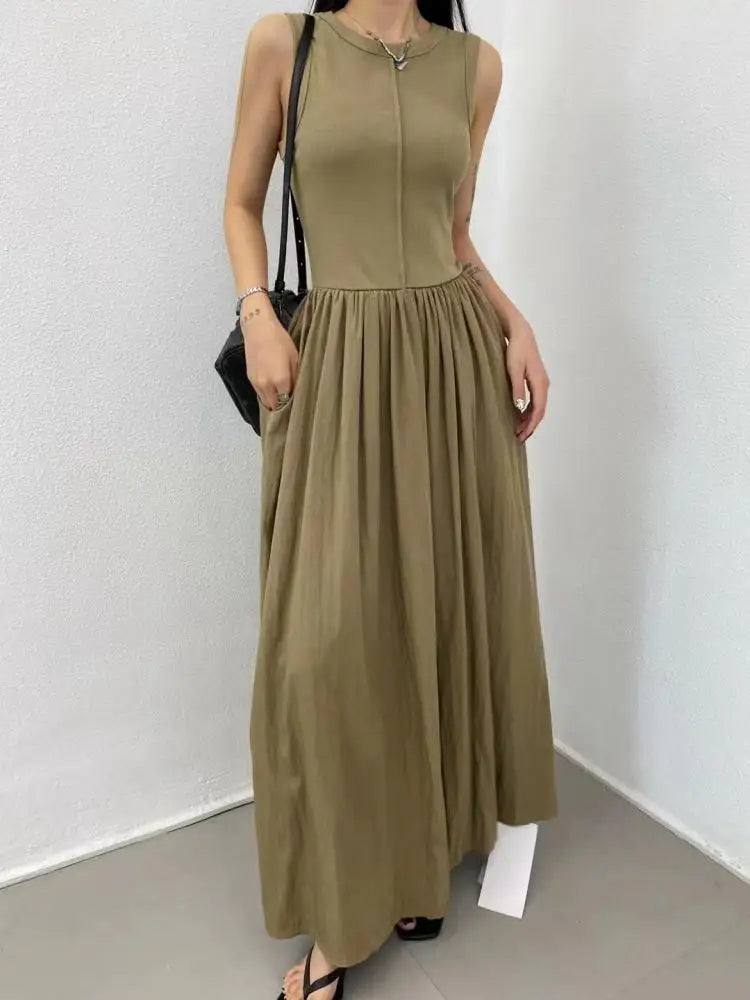 Summer Women White Casual High Waist Pleated Long Dress Lady Black Green Round Neck Sleeveless Sexy Slim Vest Dress Vestidos New