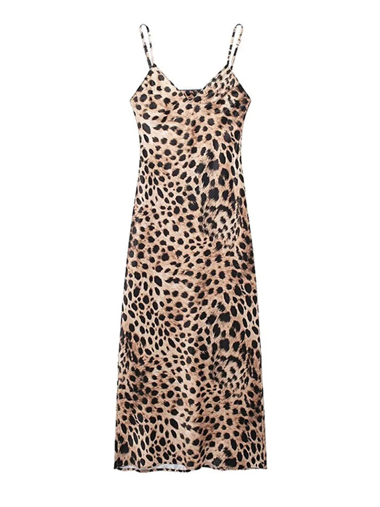 Fashion Animal Leopard Backless Beach Dress For Women Elegant Sleeveless Sexy Slip Party Long Dress Female Holiday Chic Vestidos