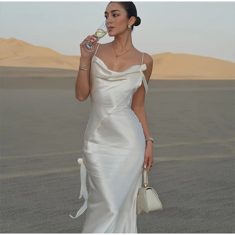 2024 Elegant Cut Out White Long Dress For Women Fashion Patchwork Pleated Backless Sling Dresses Lady New Holiday Beach Robes