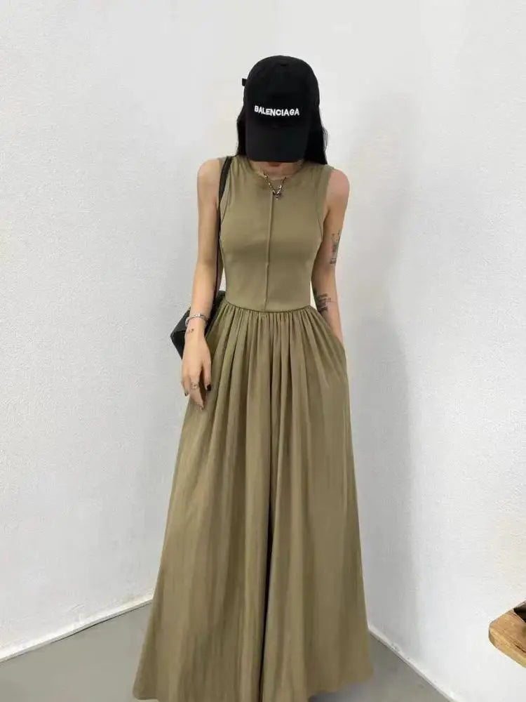 Summer Women White Casual High Waist Pleated Long Dress Lady Black Green Round Neck Sleeveless Sexy Slim Vest Dress Vestidos New