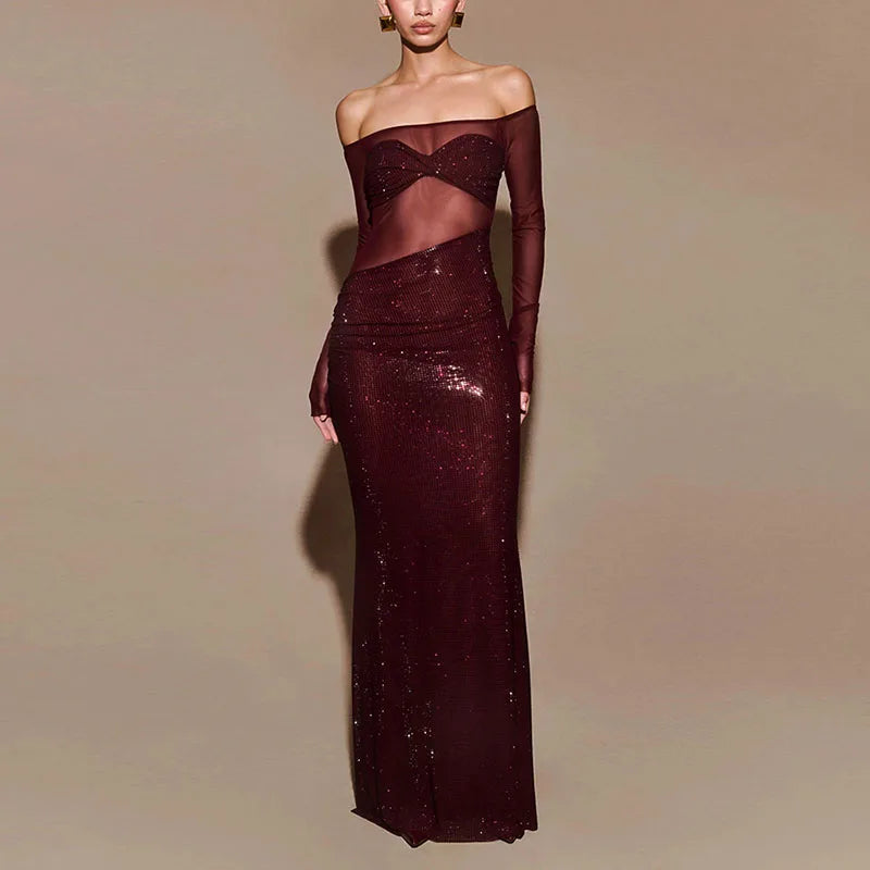 Sexy Sheer Mesh Off Shoulder Long Dress Women Spring Shiny Slash Neck Banquet Evening Slim Dresses 2025 Chic Lady New Year Robes