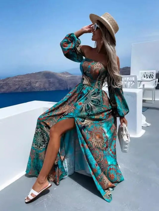 Women's Fashion Dress Women's One Line Neck Long Sleeve Plaque Printed Long Dress Bohemian Style Ankle Split Long Dress