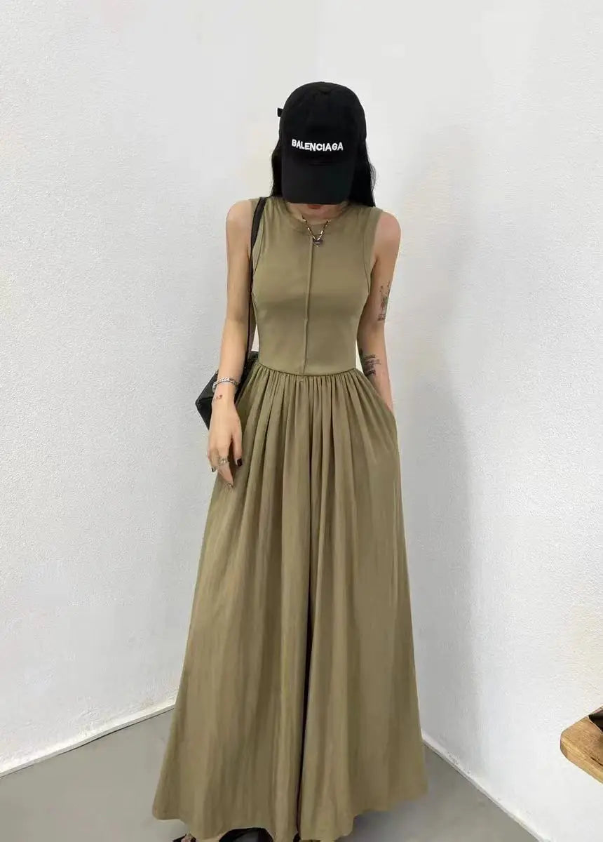 Summer Women White Casual High Waist Pleated Long Dress Lady Black Green Round Neck Sleeveless Sexy Slim Vest Dress Vestidos New