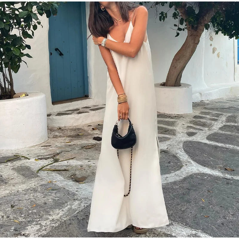 2024 Elegant Cut Out White Long Dress For Women Fashion Patchwork Pleated Backless Sling Dresses Lady New Holiday Beach Robes