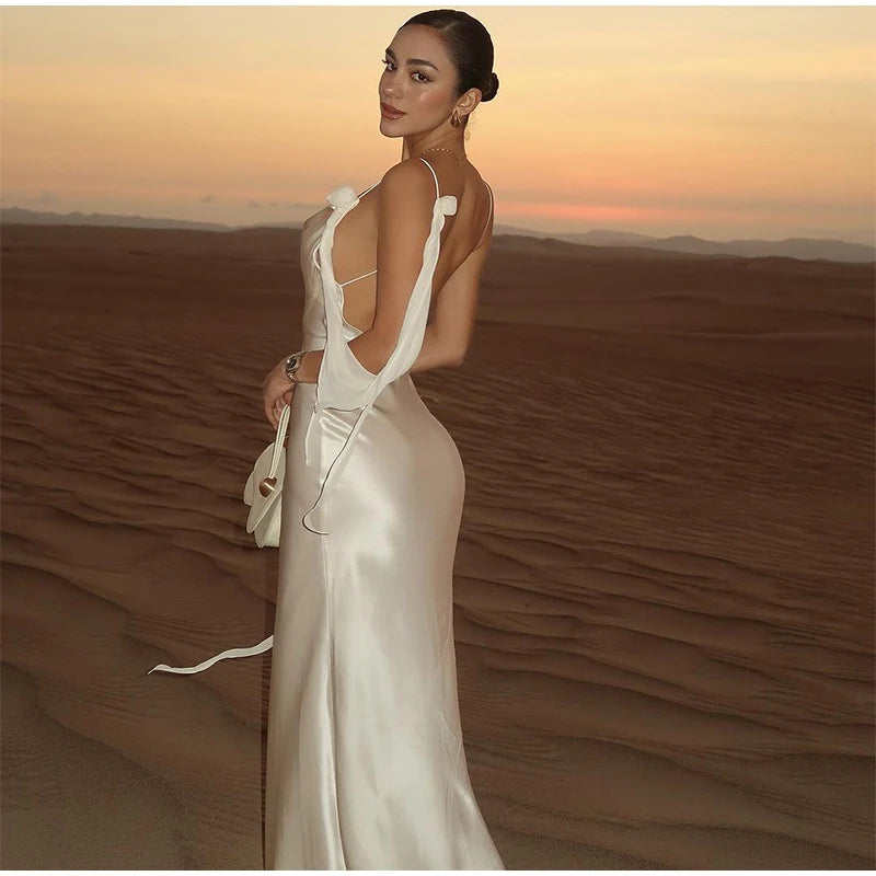 2024 Elegant Cut Out White Long Dress For Women Fashion Patchwork Pleated Backless Sling Dresses Lady New Holiday Beach Robes