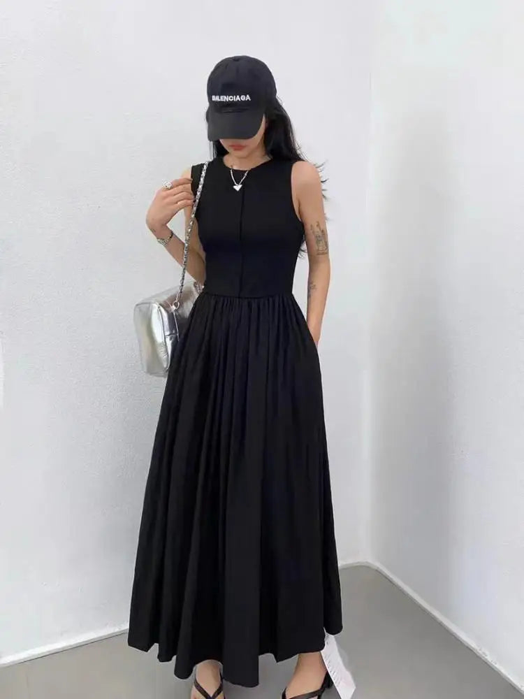 Summer Women White Casual High Waist Pleated Long Dress Lady Black Green Round Neck Sleeveless Sexy Slim Vest Dress Vestidos New