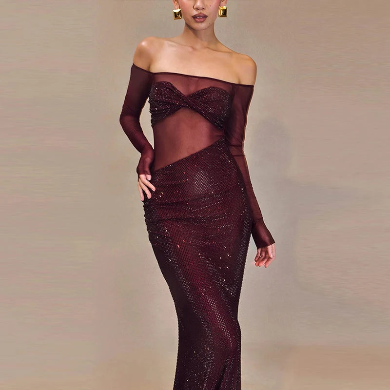 Sexy Sheer Mesh Off Shoulder Long Dress Women Spring Shiny Slash Neck Banquet Evening Slim Dresses 2025 Chic Lady New Year Robes