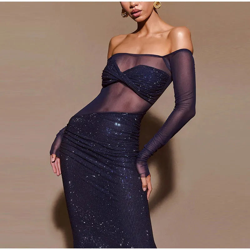 Sexy Sheer Mesh Off Shoulder Long Dress Women Spring Shiny Slash Neck Banquet Evening Slim Dresses 2025 Chic Lady New Year Robes