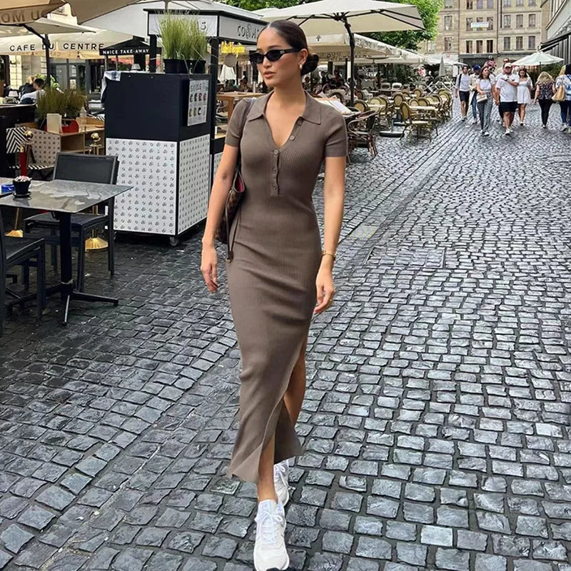 Solid Color Knitted Dresses Women Short Sleeves Sexy Slit Slim Long Dress 2024 Summer New Fashions Beach Party dress