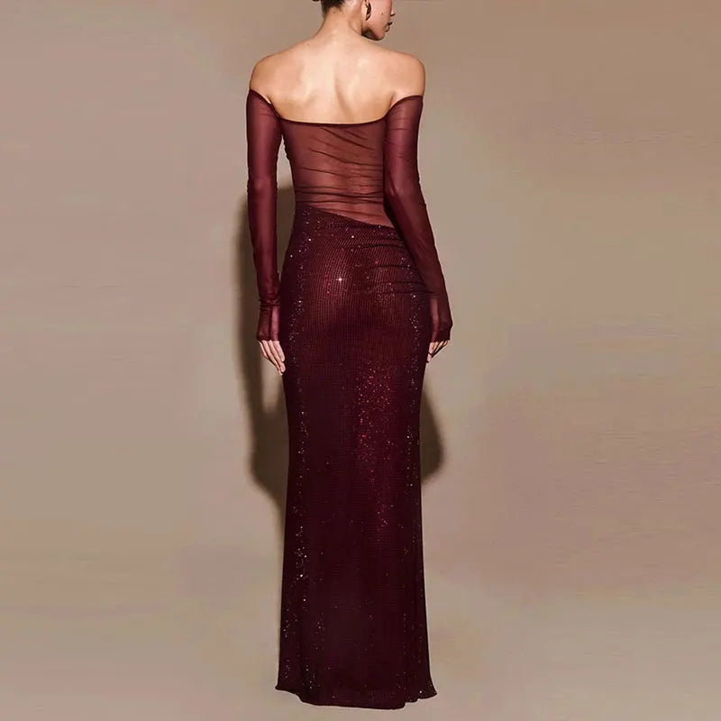 Sexy Sheer Mesh Off Shoulder Long Dress Women Spring Shiny Slash Neck Banquet Evening Slim Dresses 2025 Chic Lady New Year Robes