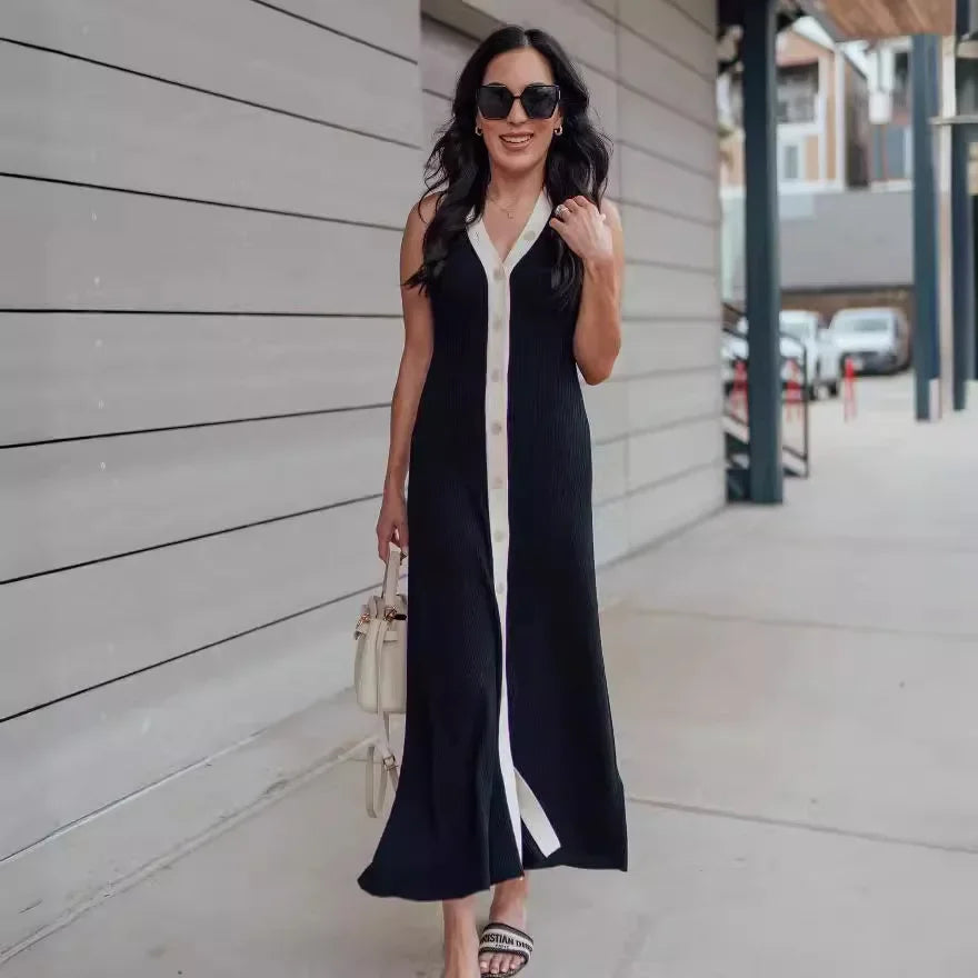 TARUXY V Neck Sleeveless Single Breasted Ribbed Knitted Dress Women Bodycon Long Dress Contrast Color Cardigan Sexy Summer Dress