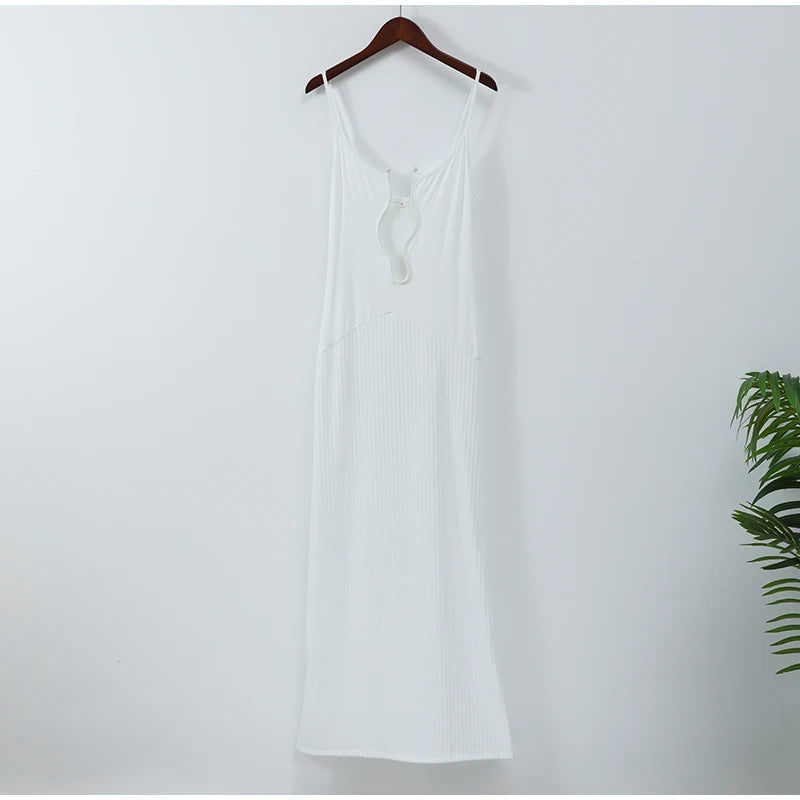 2024 Elegant Cut Out White Long Dress For Women Fashion Patchwork Pleated Backless Sling Dresses Lady New Holiday Beach Robes