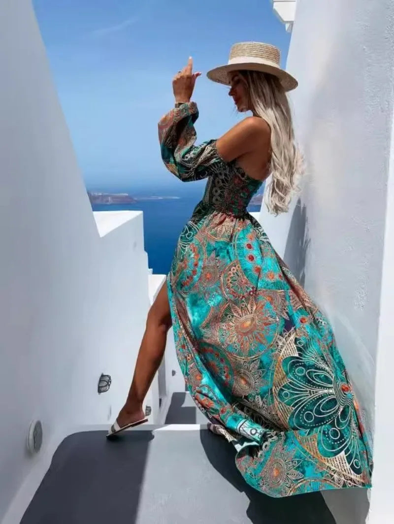 Women's Fashion Dress Women's One Line Neck Long Sleeve Plaque Printed Long Dress Bohemian Style Ankle Split Long Dress