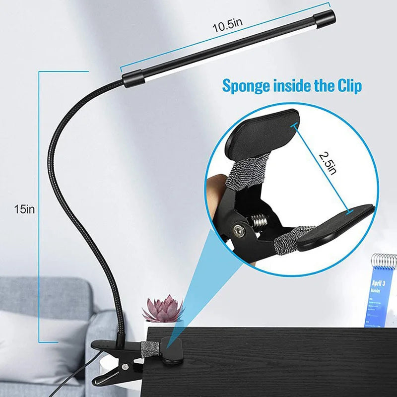 LED Clip-on Desk Lamp Eye Protection 360° Steering 3 Light Colours 10 Brightnesses Infinitely Dimmable 2M Cable Length 5W USB Po